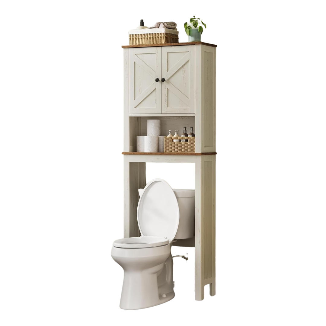 Vasagle Liry Collection - Over-The-Toilet Storage Cabinet, 23.6-Inch Wide Farmhouse Bathroom Organizer, With Barn Doors, Adjustable Shelf, Space-Saving, Rustic White Ubts026w01