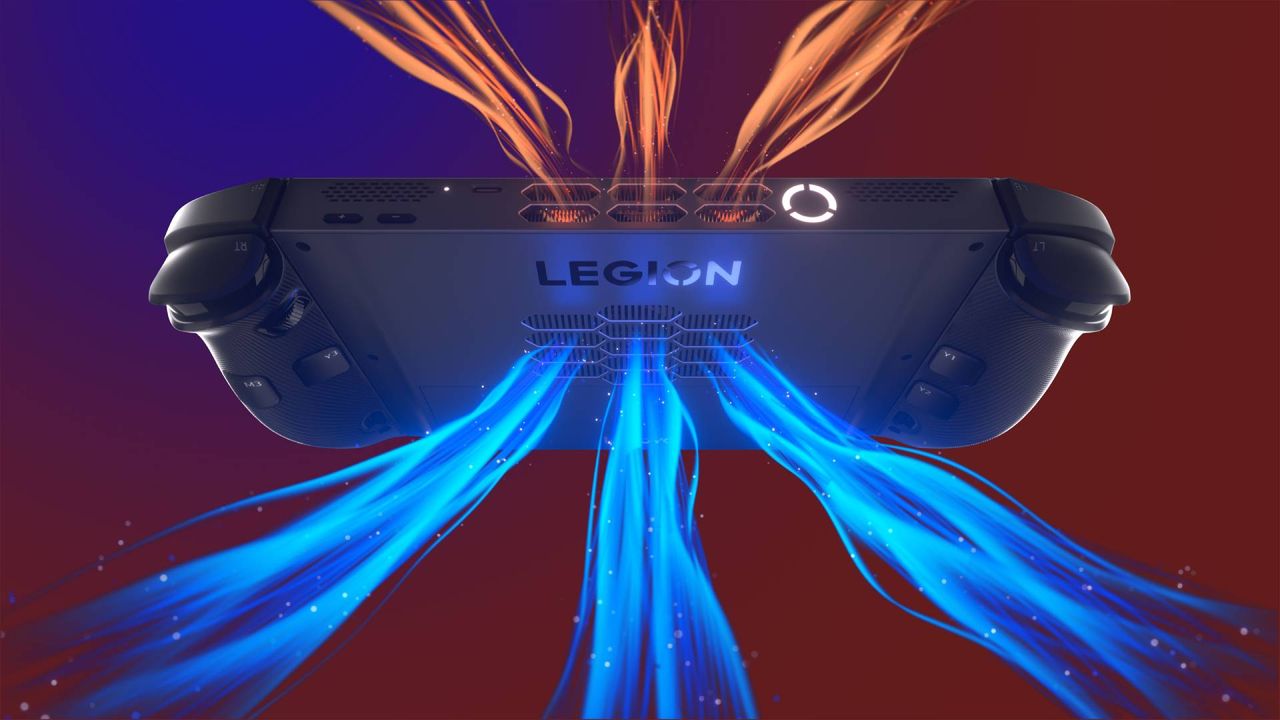 Back view of Lenovo Legion Go 2 with orange and blue streams representing airflow system.