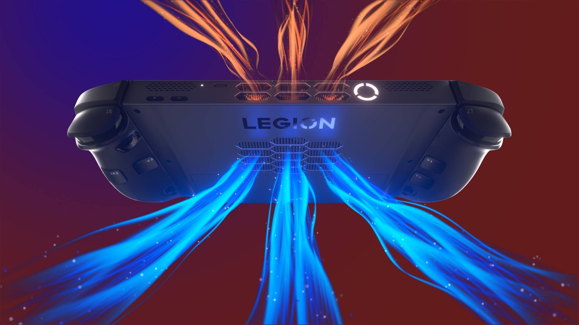 Back view of Lenovo Legion Go 2 with orange and blue streams representing airflow system.
