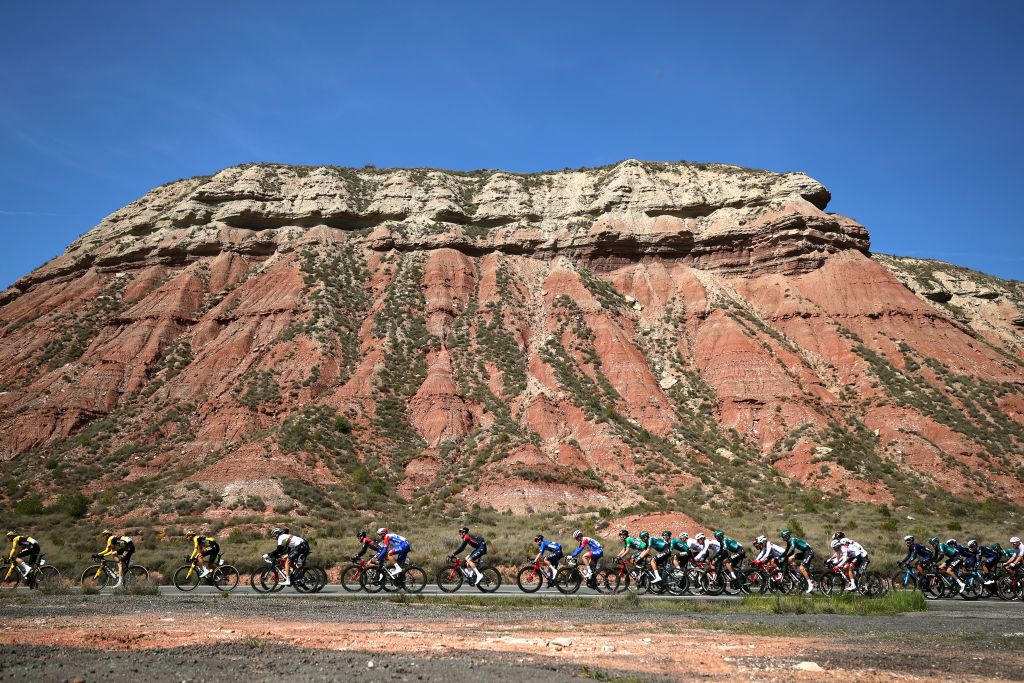 VIANA SPAIN APRIL 05 A general view of the peloton competing during the 61st Itzulia Basque Country 2022 Stage 2 a 2076km stage from Leitza to Viana 461m itzulia WorldTour on April 05 2022 in Viana Spain Photo by Gonzalo Arroyo MorenoGetty Images