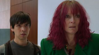 Julio Torres and Tilda Swinton in Problemista