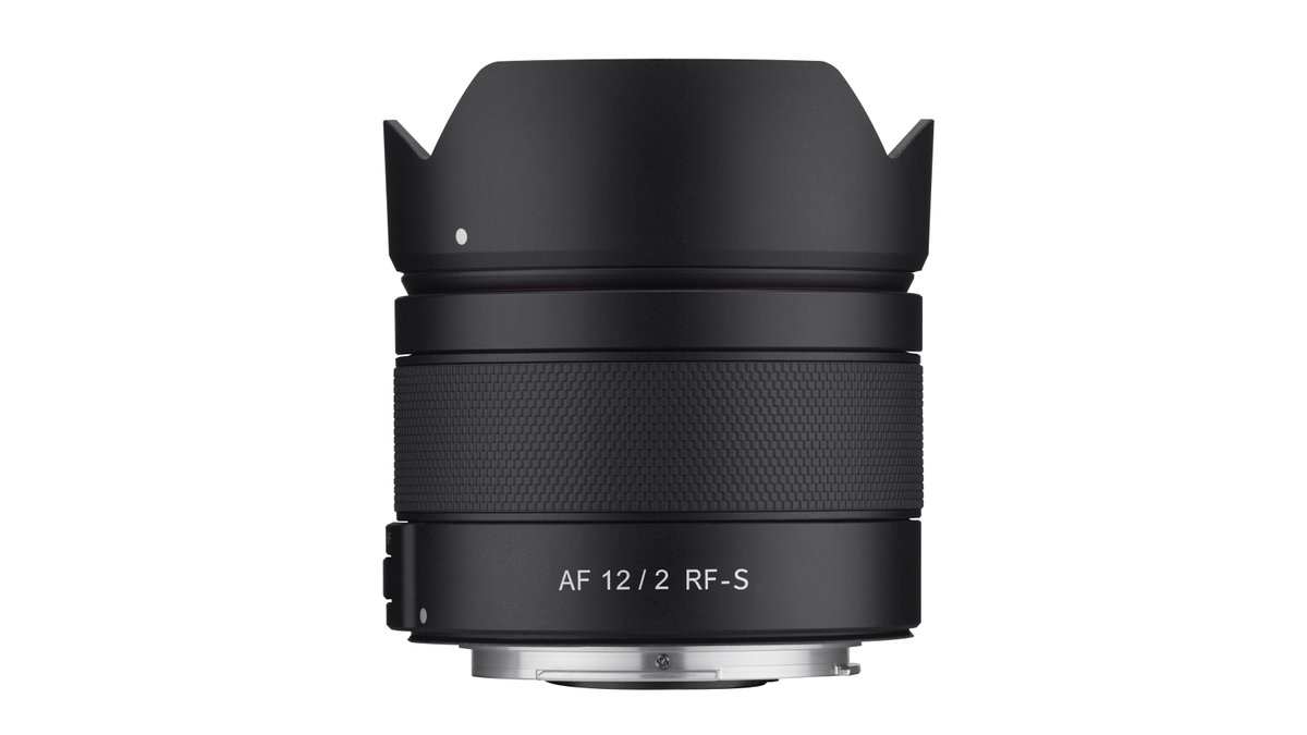 Samyang AF 12mm f/2 RF-S product shots on a white background