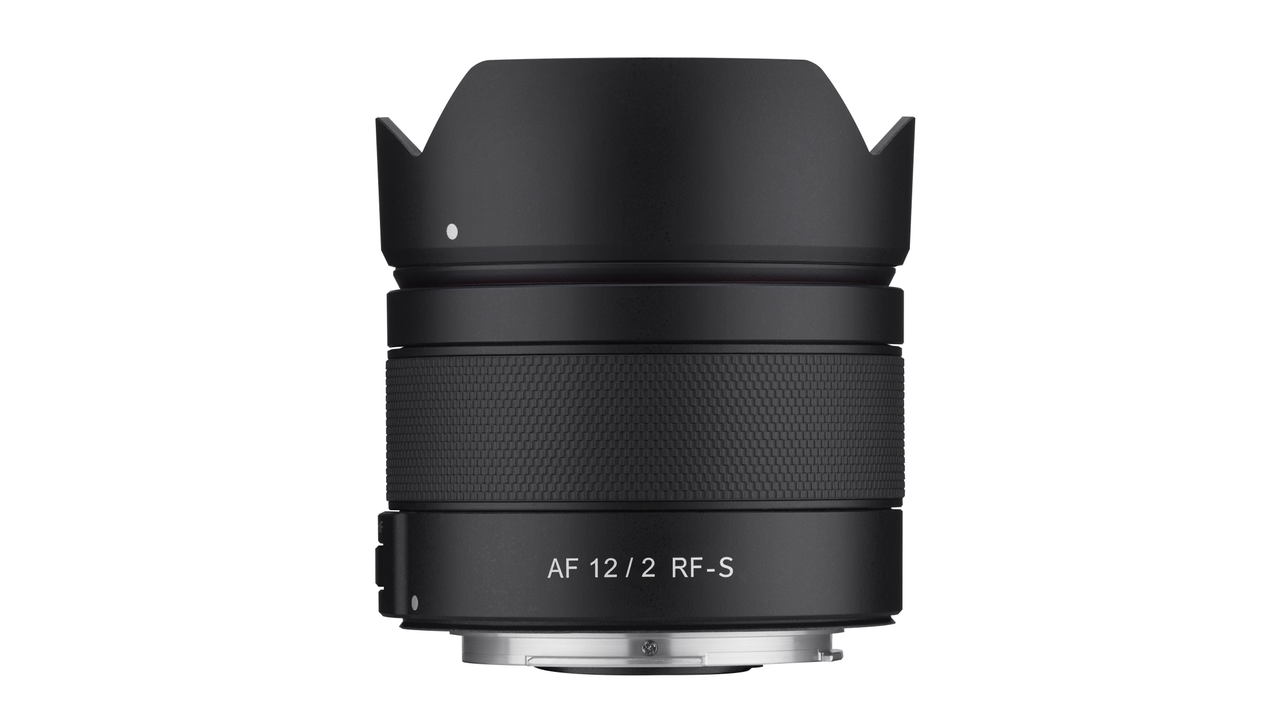 Samyang AF 12mm f/2 RF-S product shots on a white background
