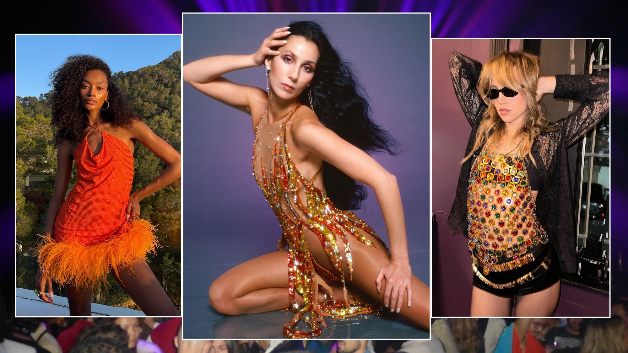 Images of Cheyenne Maya Carty, Suki Waterhouse, and Cher in a collage. Singer and actress Cher poses for a Fashion Session in a Bob Mackie Creation on April 9, 1978 in Los Angeles, California. Background image taken by Alyssa Brascia on a digital camera.