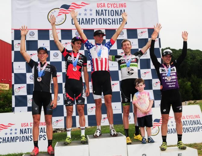 Men's US Short Track Nationals Podium (L to R): Russell Finsterwald (Trek) 4th, Stephen Ettinger (BMC) 2nd, Todd Wells (Specialized) 1st, Jeremiah Bishop (Sho-Air Cannondale) 3rd, Spencer Paxson (Kona) 5th