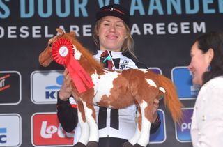 Ellen van Dijk with her pony after winnning Dwars door Vlaanderen