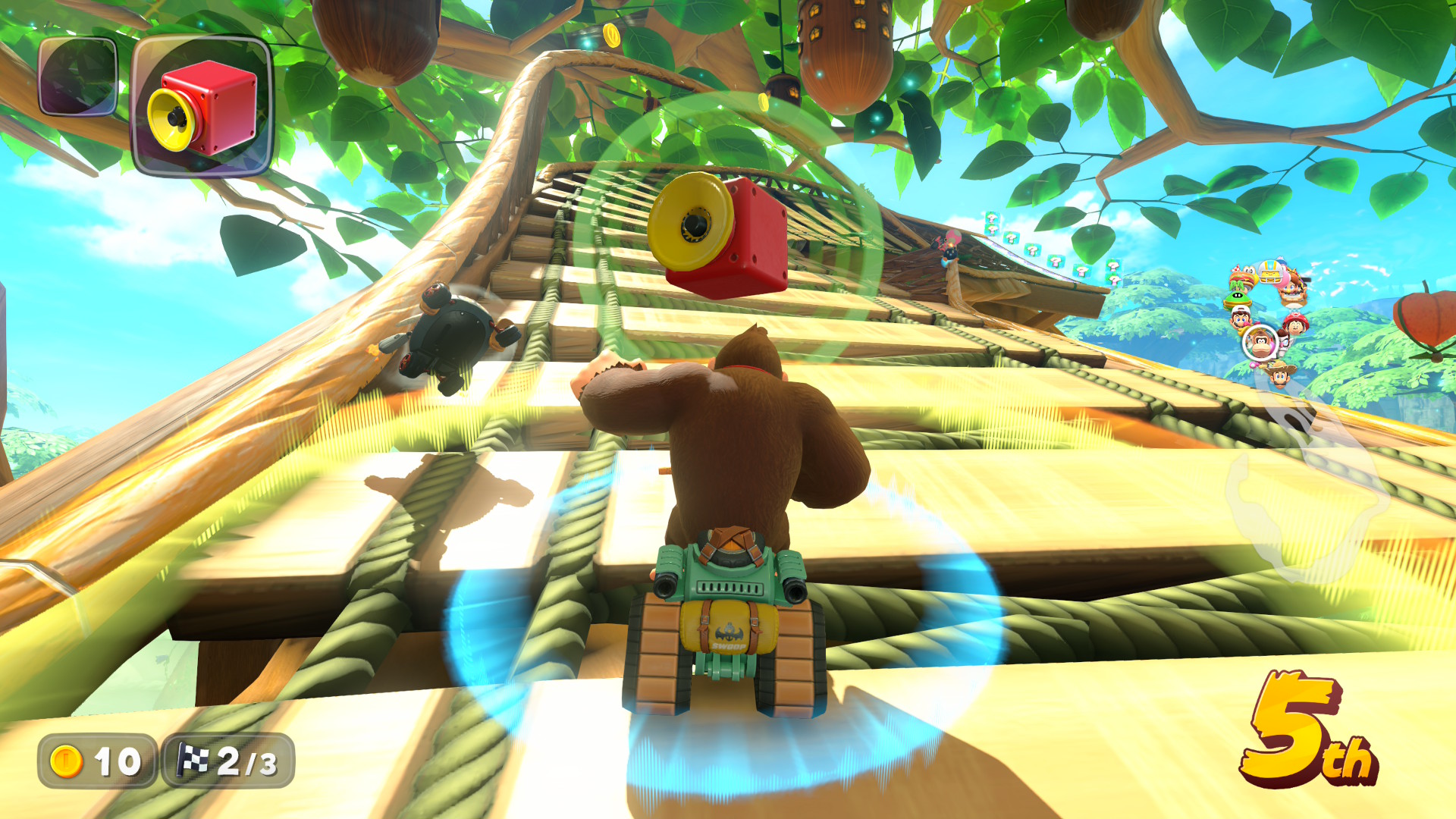 Donkey Kong using the sound box in Mario Kart World
