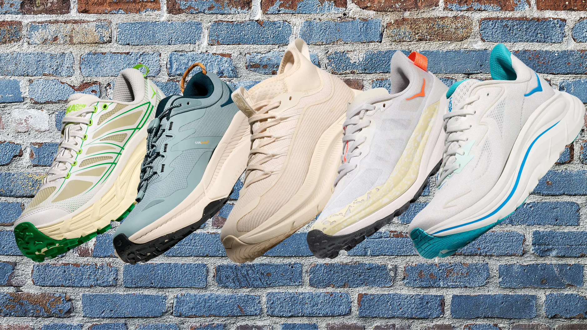 Five hoka shoes presented on a blue brick background