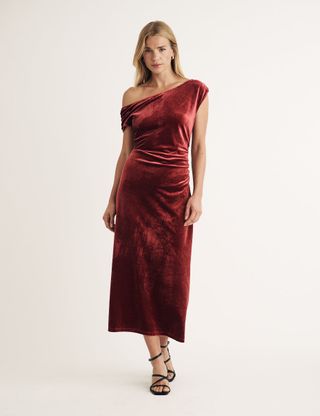 Burgundy Velvet Off Shoulder Skylar Midi Dress