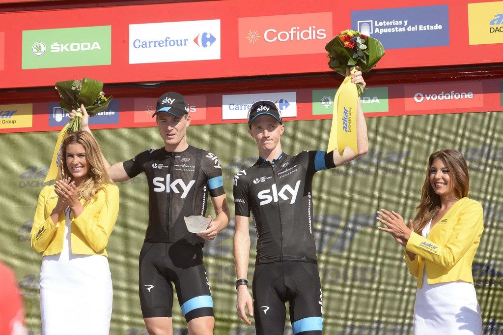 Ian Boswell and Sal Puccio represent Team Sky as they collect the stage 5 best team award