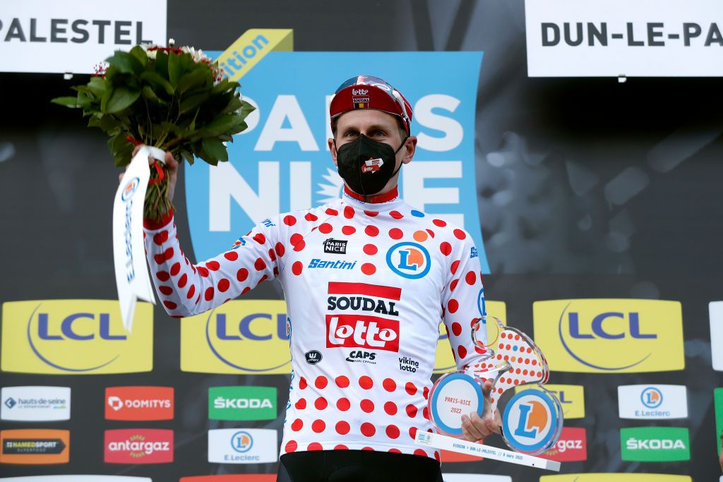 DUNLEPALESTEL FRANCE MARCH 08 Matthew Holmes of United Kingdom and Team Lotto Soudal Polka Dot Mountain Jersey celebrates at podium during the 80th Paris Nice 2022 Stage 3 a 191km stage from Vierzon to DunlePalestel ParisNice WorldTour on March 08 2022 in DunlePalestel France Photo by Bas CzerwinskiGetty Images