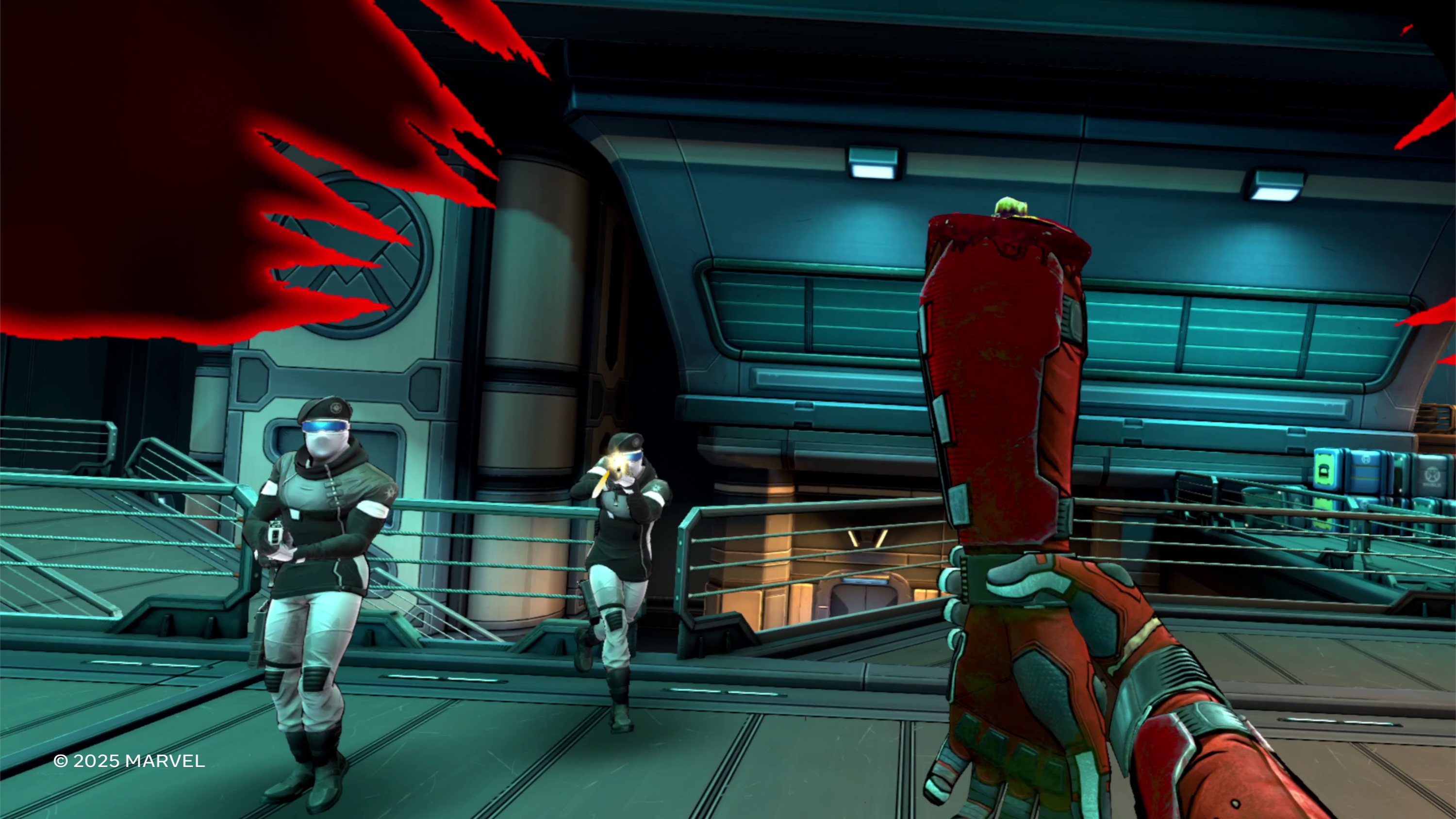 A Deadpool VR screenshot showing Deadpool holding his severed left hand in his right arm, with foes shooting the player and red damage indicators along the screen edge.