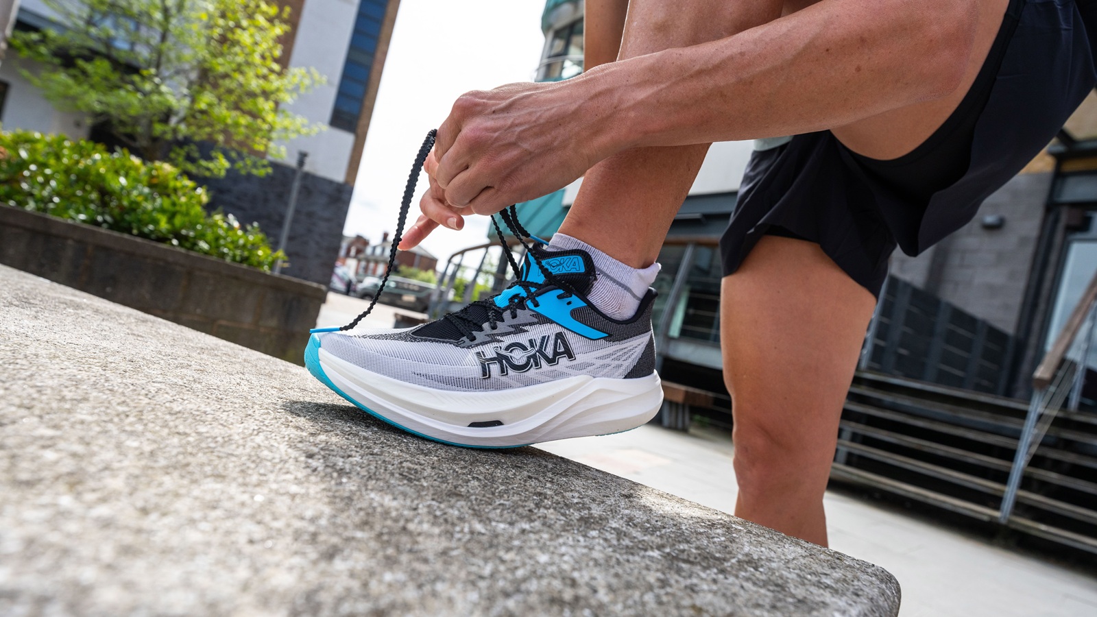Hoka Rocket X 3 lacing up