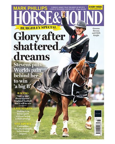 Horse & Hound magazine cover (10 September 2026 issue) shows Gemma Stevens punching the air wearing her winner's sash during her Burghley lap of honour on chestnut Chilli Knight, in his winner's rug