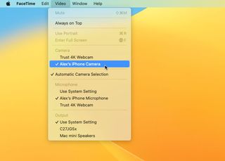 The FaceTime menu on macOS Ventura showing an iPhone as a webcam option.