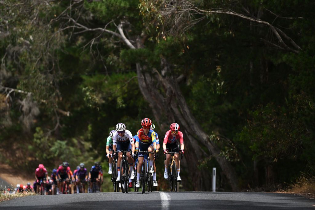 STIRLING AUSTRALIA JANUARY 19 LR Amanda Spratt of Australia and Team Lidl Trek Karlijn Swinkels of The Netherlands and UAE Team Adq and Mie Bjorndal Ottestad of Norway and Team UnoX Mobility lead the peloton during the 9th Santos Womens Tour Down Under 2025 Stage 3 a 1059km stage from Stirling to Stirling 444m UCIWWT on January 19 2025 in Stirling Australia Photo by Dario BelingheriGetty Images