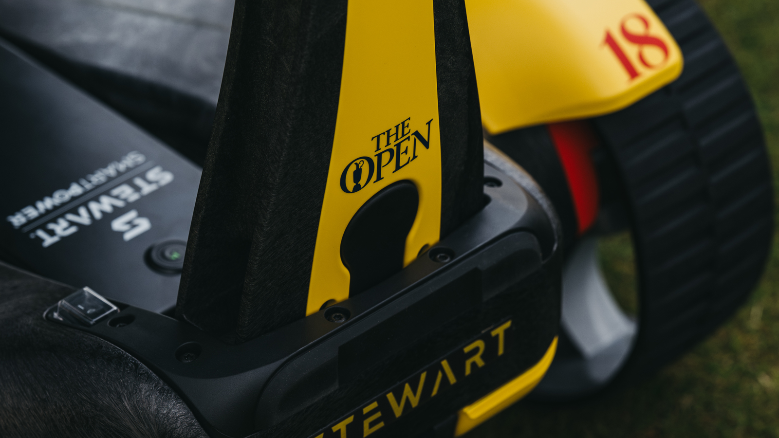 A close up of a Stewart Golf trolley