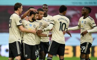Manchester United’s Bruno Fernandes (second left) celebrates scoring his side’s first goal of the game during the Premier League match at Villa Park, Birmingham