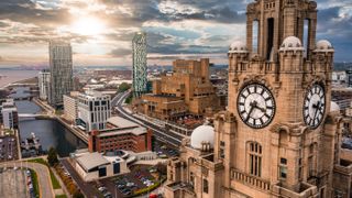 Aerial Close Up Of The Tower Of The Royal Liver Building In Liverpool