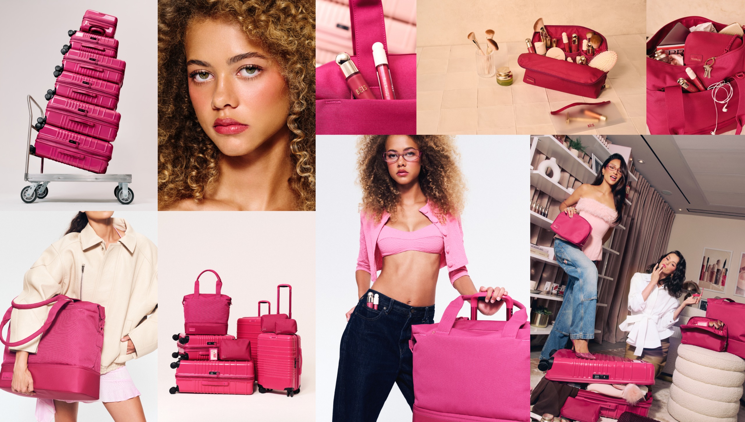 Rare Beauty &amp; B&Eacute;IS collaboration of hot pink luggage and makeup in a collage featuring shay and selena