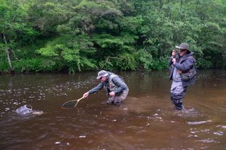 David Profumo and Mark Hedges doing battle with a fish.