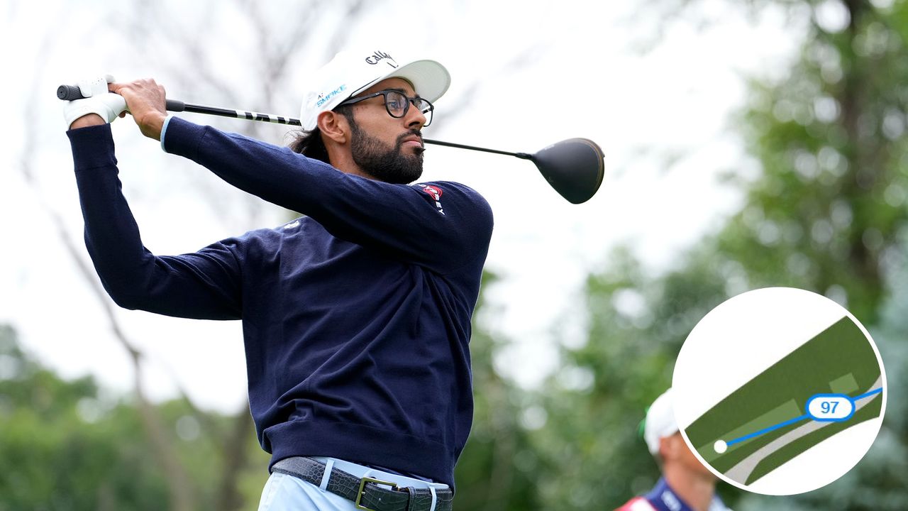 Akshay Bhatia strikes a tee shot with his driver