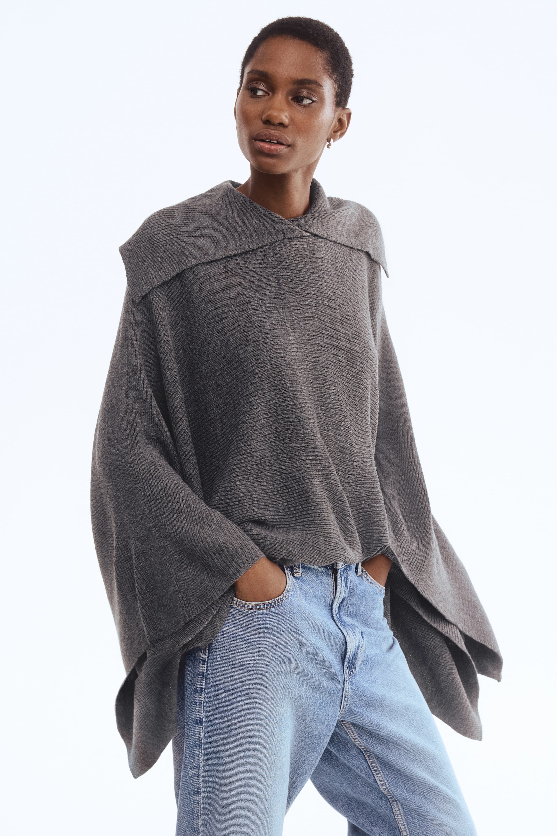 Rib-Knit Cape - Dark Grey Marl