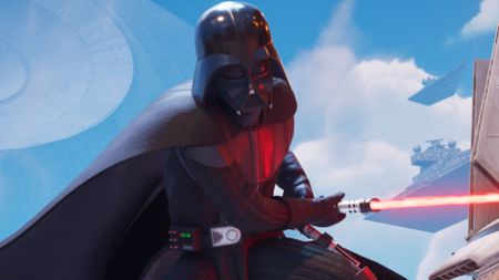vader in fortnite standing with his red lightsaber out and off to the side