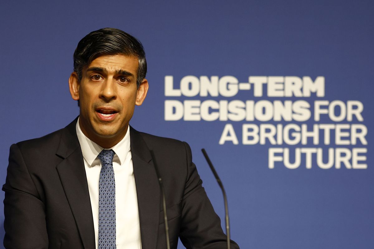 British Prime Minister Rishi Sunak delivers a speech on AI at Royal Society, Carlton House Terrace on October 26, 2023 in London, England