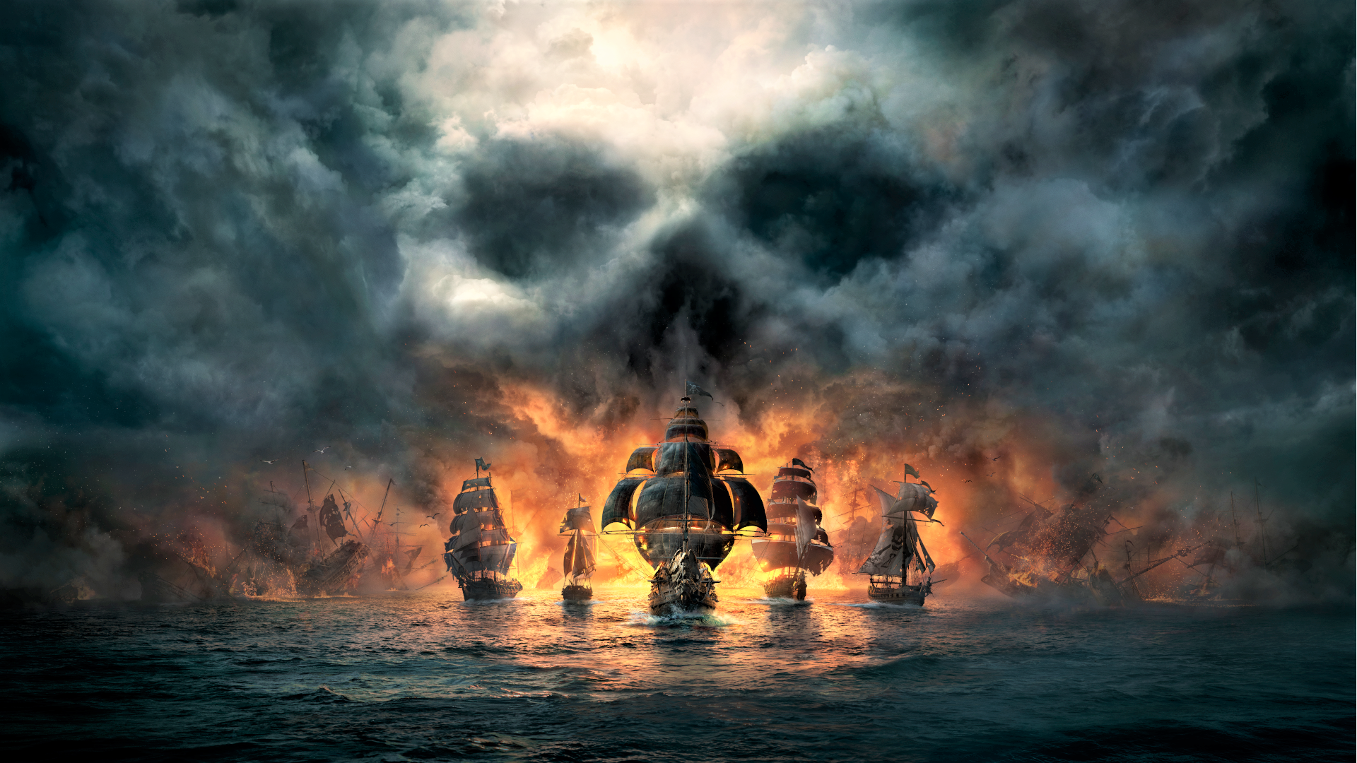 Fleet of pirate ships sailing toward the camera with a giant skull shaped cloud behind them