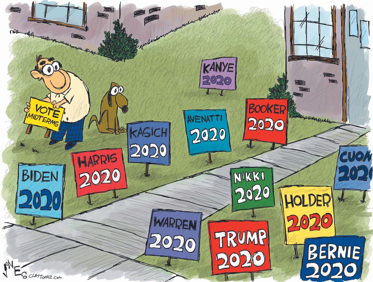 Political cartoon U.S. morning after midterm elections 2020 presidential race campaign signs