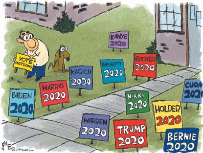 Political cartoon U.S. morning after midterm elections 2020 presidential race campaign signs