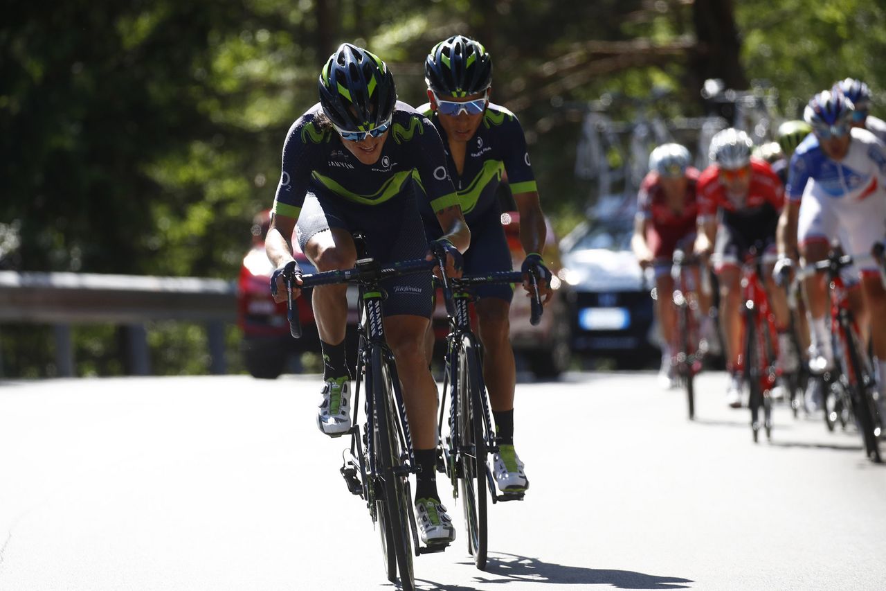 Nairo Quintana (Movistar) follows Andrey Amador off the front
