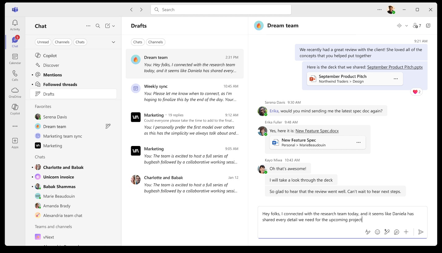 Microsoft Teams interface showing the new centralized 'Drafts' view with a list of unsent messages and an active chat window