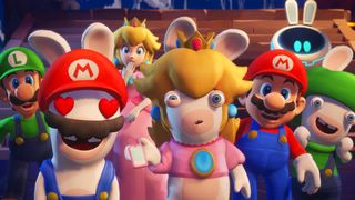 Mario, Luigi, Peach and their Rabbid counterparts looking at something