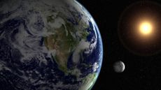 An artist's rendering of the earth viewed from space, with the sun in the background