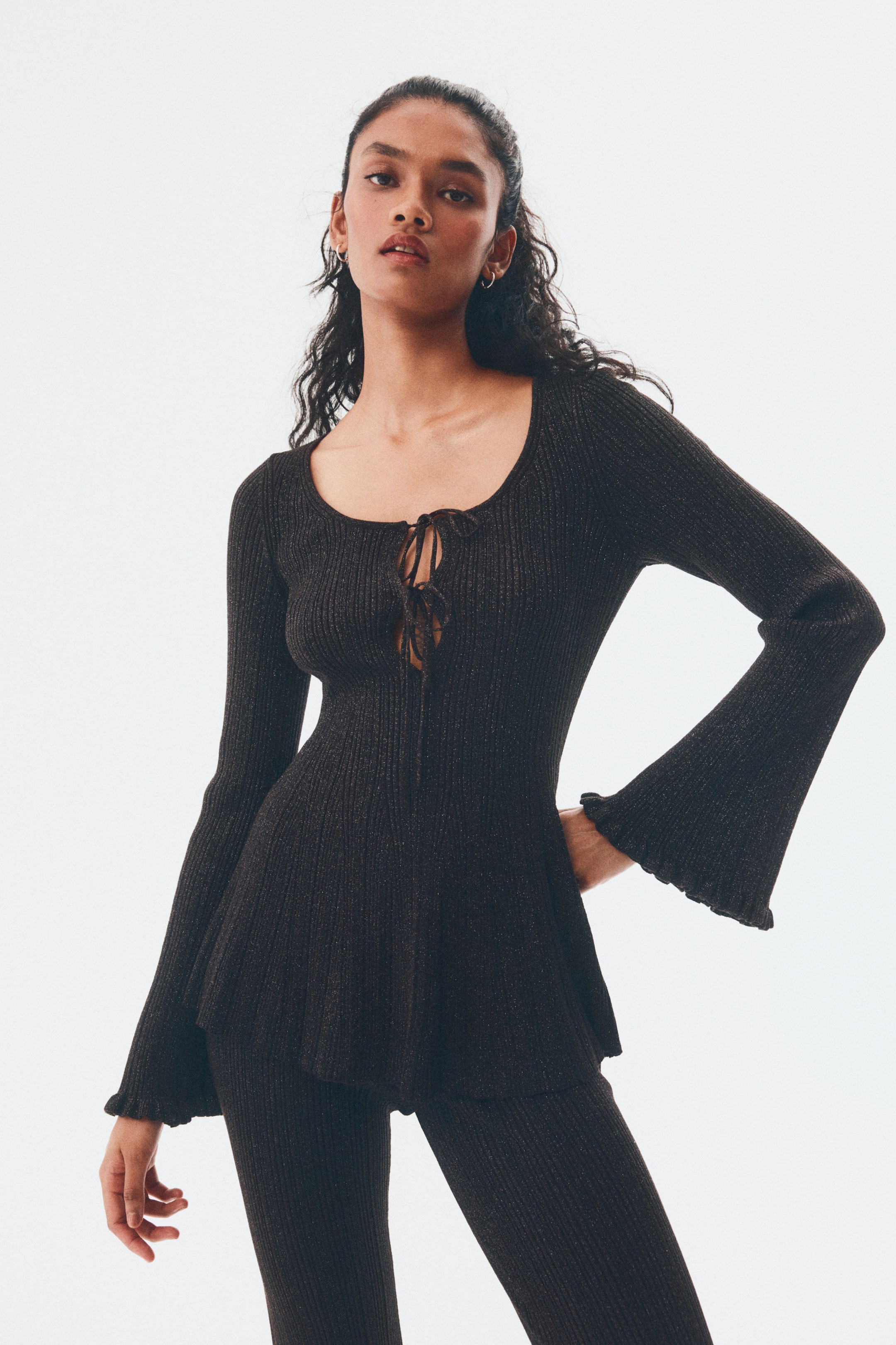 Shimmering Rib-Knit Top - Dark Brown