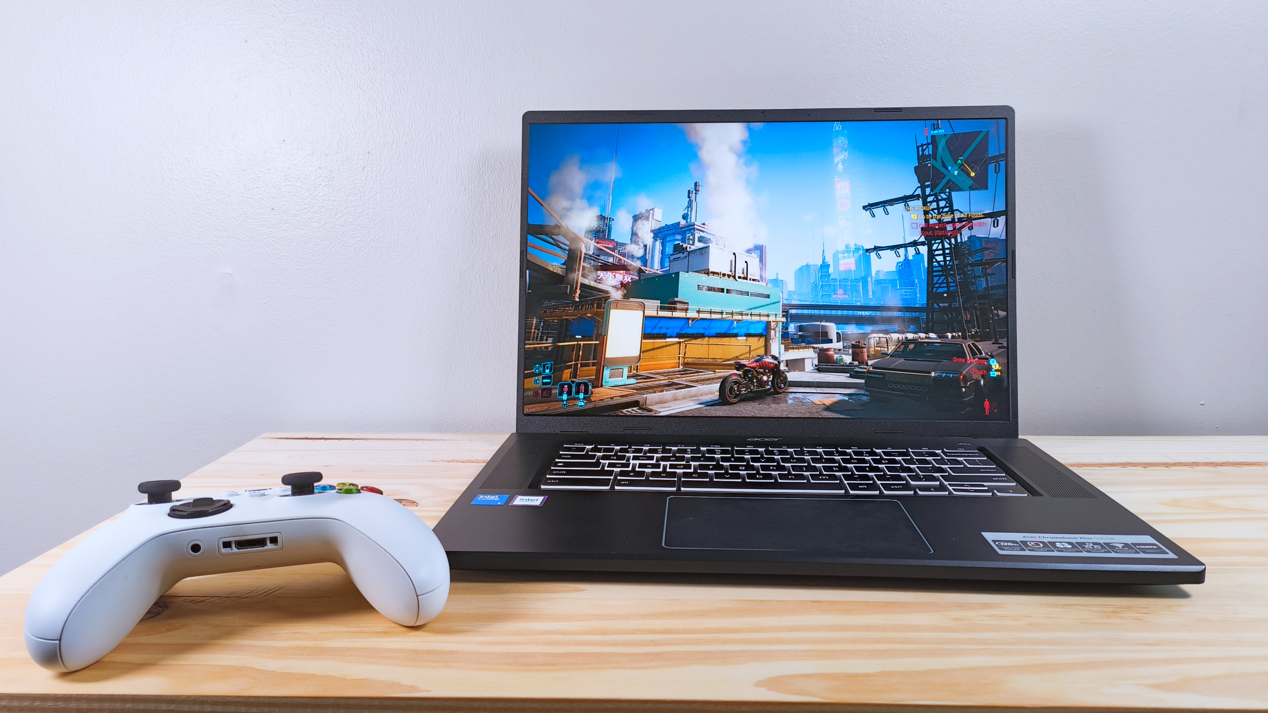 A Chromebook running Cyberpunk 2077 through Nvidia GeForce Now