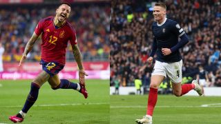 Joselu of Spain celebrates after scoring the team's third goal during UEFA EURO 2024 qualifying and Scott McTominay of Scotland celebrates scoring his second goal and Scotland's third during the UEFA EURO 2024 qualifying round group A match