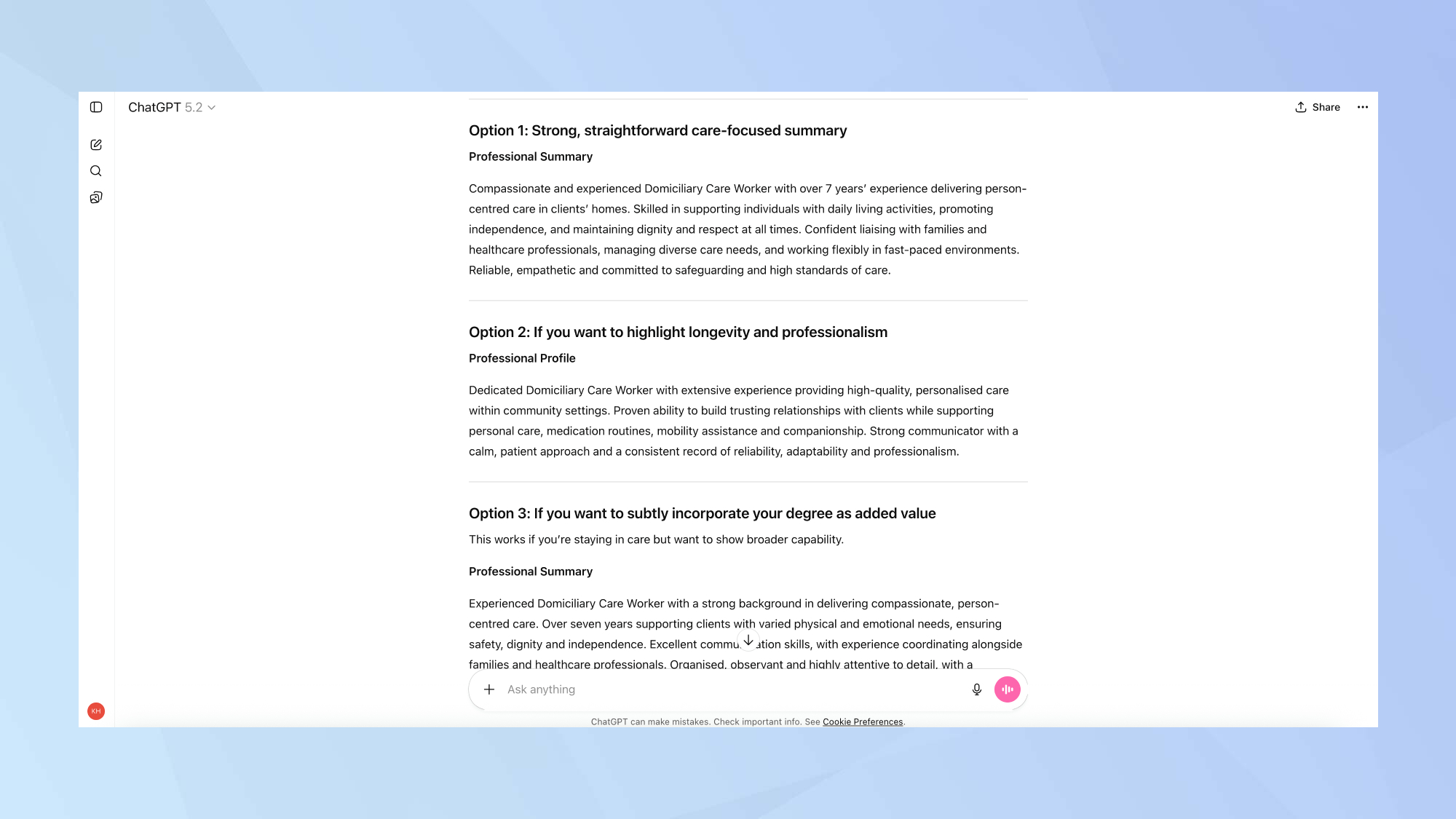 ChatGPT professional summary output