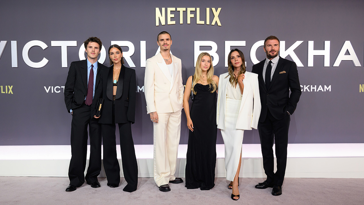 The Beckham family in black and white, minus Brooklyn, at the premiere of the Victoria Beckham Netflix doc.