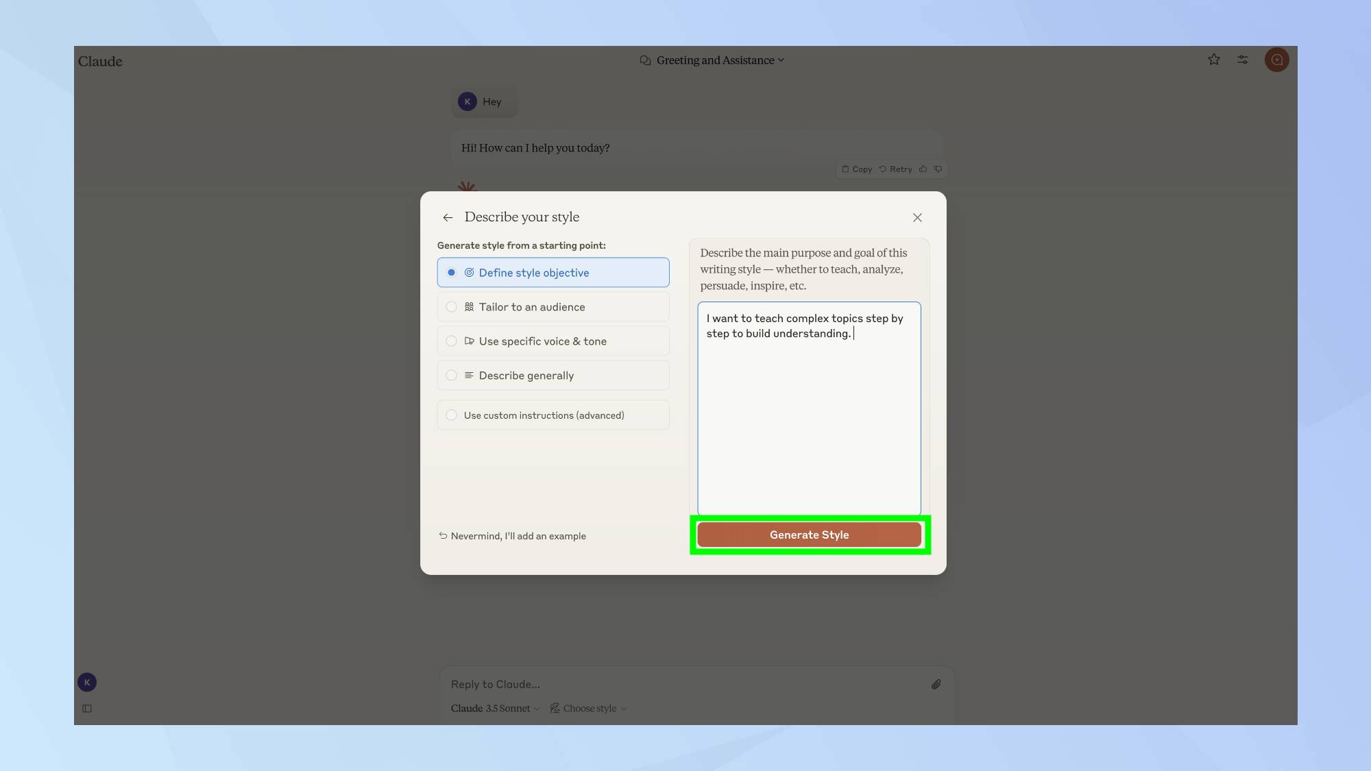 Claude AI Generate Custom Style hervorgehoben