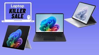 Surface Pro, Surface Laptop 7, Surface Laptop Studio 2 against blue gradient background with killer sale badge