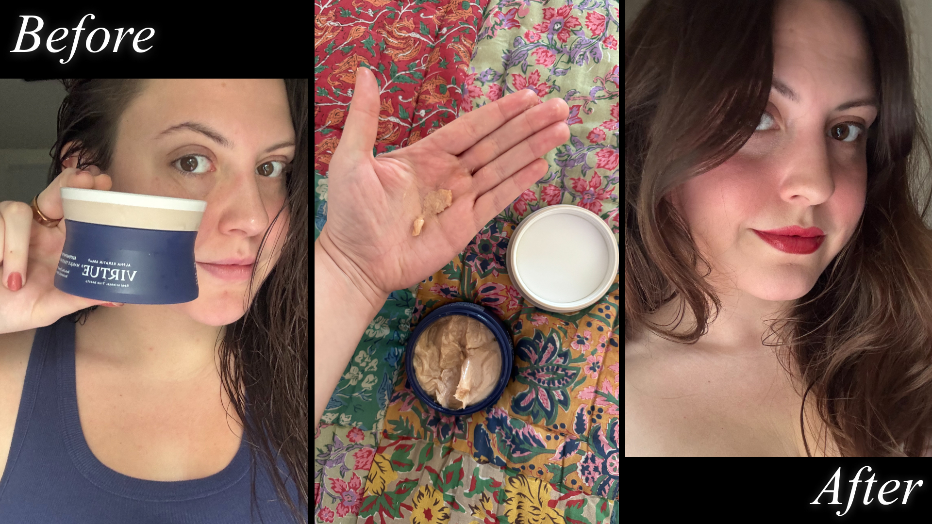 Sophia Vilensky before and after testing Virtue's at-home keratin treatment mask, plus a photo of the mask's texture in her open palm.
