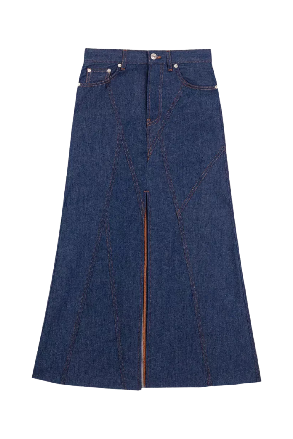 Geometric-Panelled Contrast-Stitch Denim Maxi Skirt
