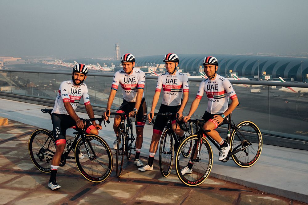 Fernando Gaviria, Alexander Kristoff, Tadej Pogacar and Diego Ullisi at the UAE Team Emirates training camp