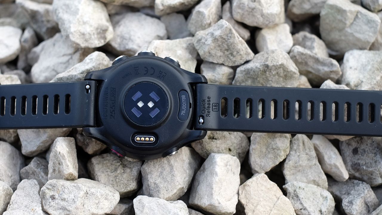 Garmin Forerunner 255 heart rate sensor on reverse of watch