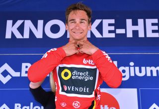Bryan Coquard in the red jersey after stage 1 at the Belgium Tour