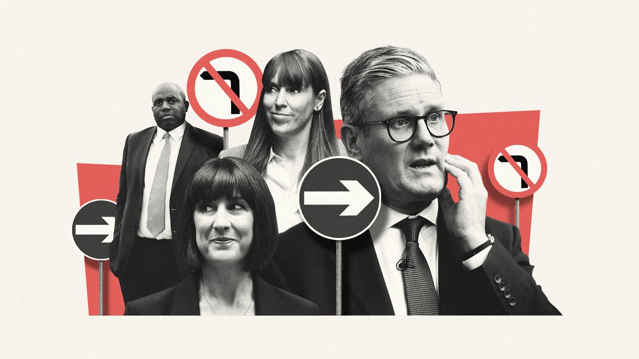 Photo composite of Labour politicians Keir Starmer, Angela Rayner, Rachel Reeves and David Lammy alongside road signs indicating &#039;no left turn&#039; and &#039;right turn only&#039;