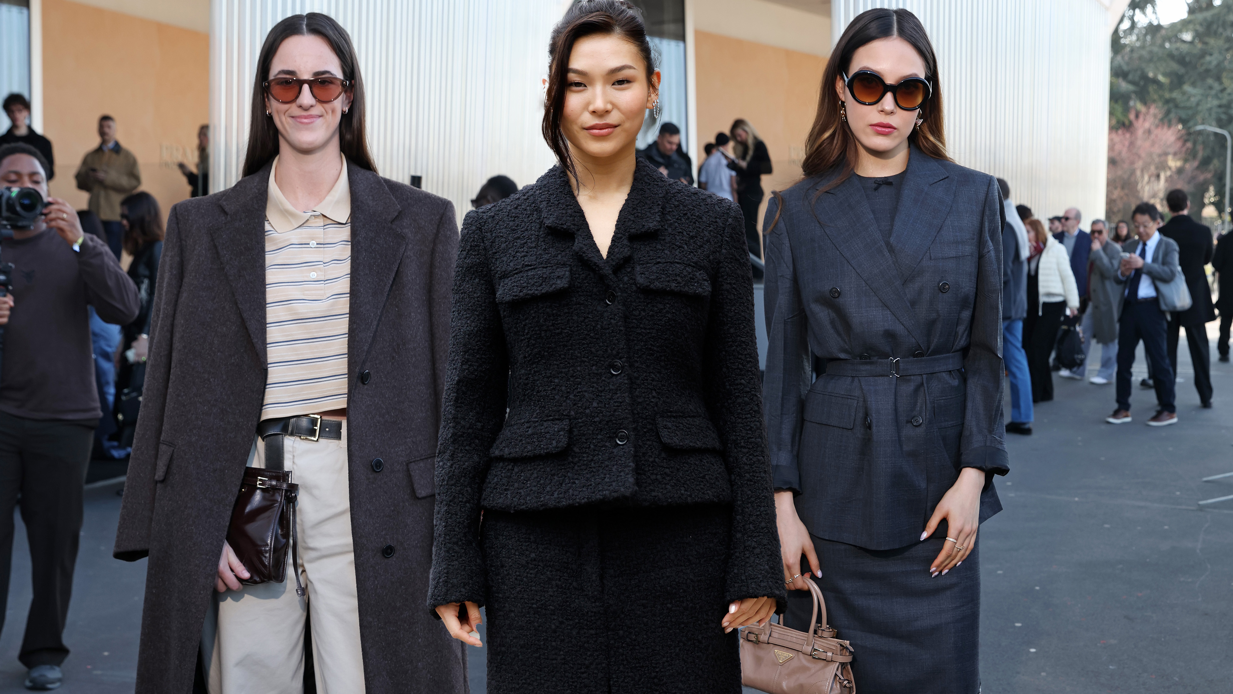 A collage featuring images of Eileen Gu and Caitlin Clark at the Prada FW26 show and Chloe Kim at the Ferragamo FW26 show during Milan Fashion Week.